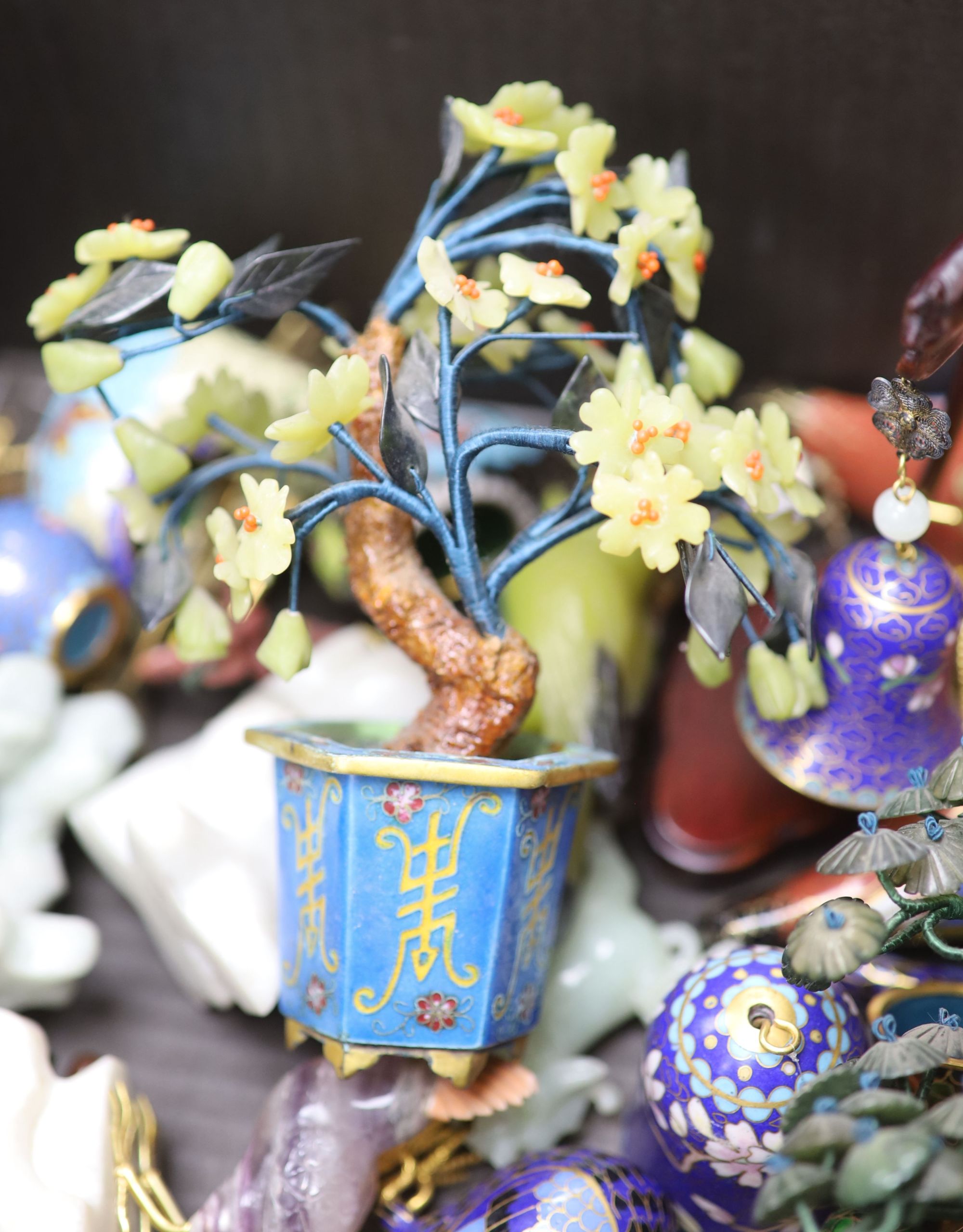 A group of Chinese cloisonne enamel and hardstone models of birds, plants and eggs, etc.